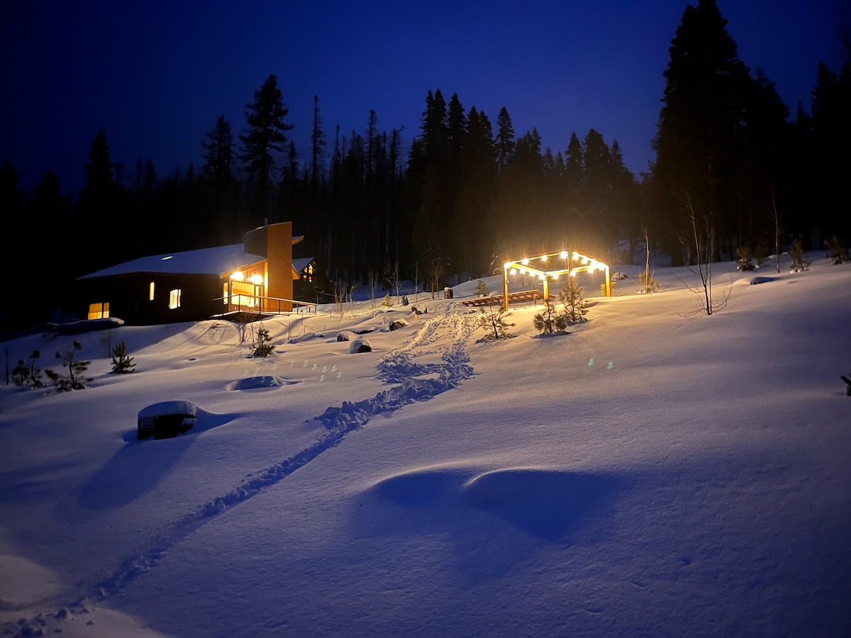 Snow-covered backyard in winter
