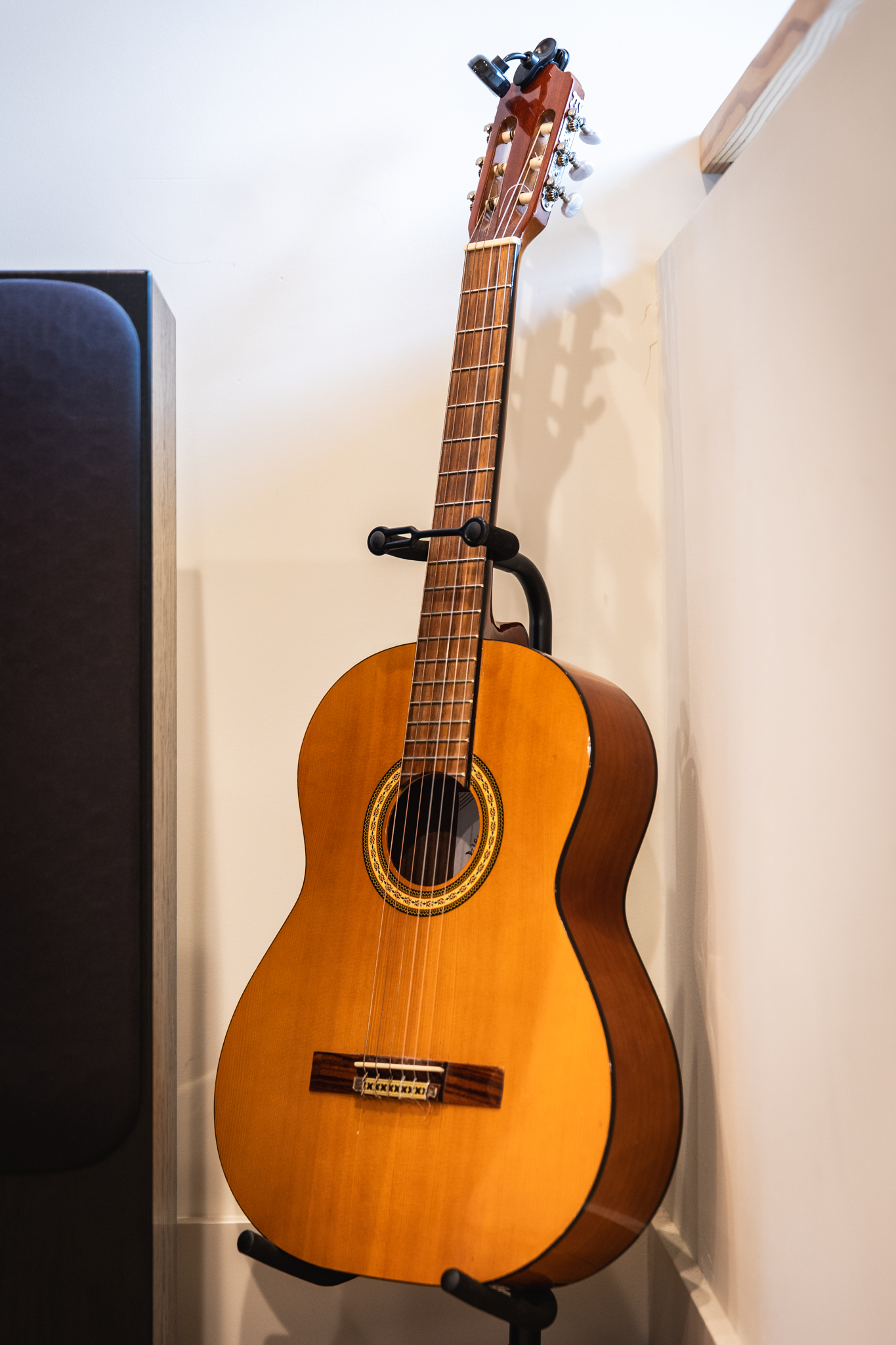 Acoustic guitar on stand in the loft